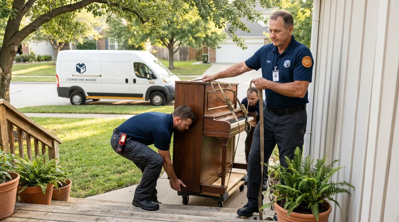 Licensed piano movers securing grand piano in Vincentown, NJ