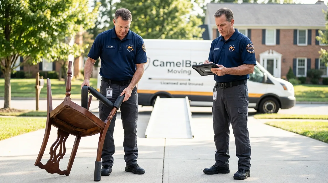 Movers inspecting furniture for damage prevention before loading in Vincentown, NJ